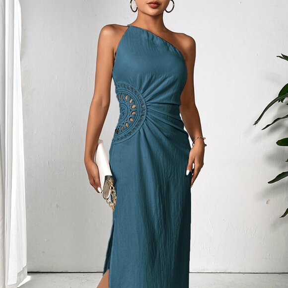 Slit One Shoulder Sleeveless Maxi Dress - Picture 1 of 9